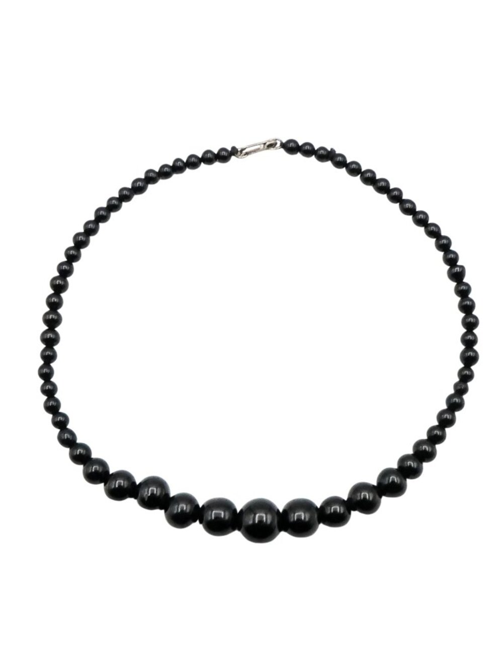 Vintage Black Graduated Glass Beaded Necklace Sterling Silver Clasp 16 Inches